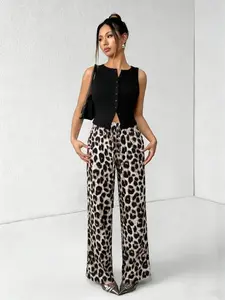 Women's 2-Piece Leopard Print Wide Leg Trousers & Sleeveless Buttoned Vest Set, Y2K Fashion For Party & Vacation Outfits