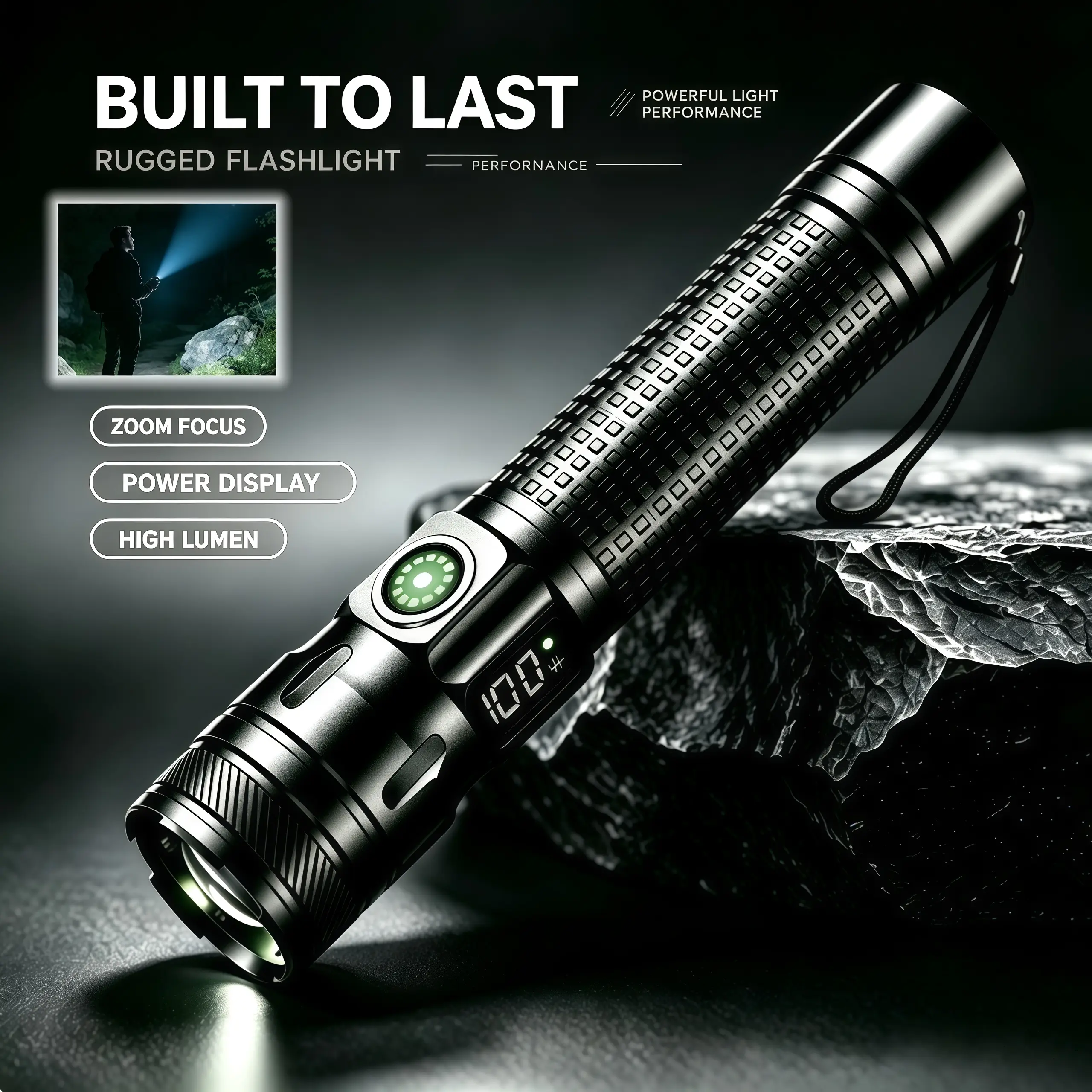 Zoomable Telescopic Flashlight, Power Display, Aluminum Alloy, USB Rechargeable, 3 Light Modes for Camping Hiking Fishing Emergency