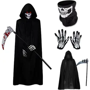 Halloween Grim Reaper Cape Set, 1 Set Including Cape & Gloves & Scepter & Hood, Cosplay Costume Accessories for Halloween Party