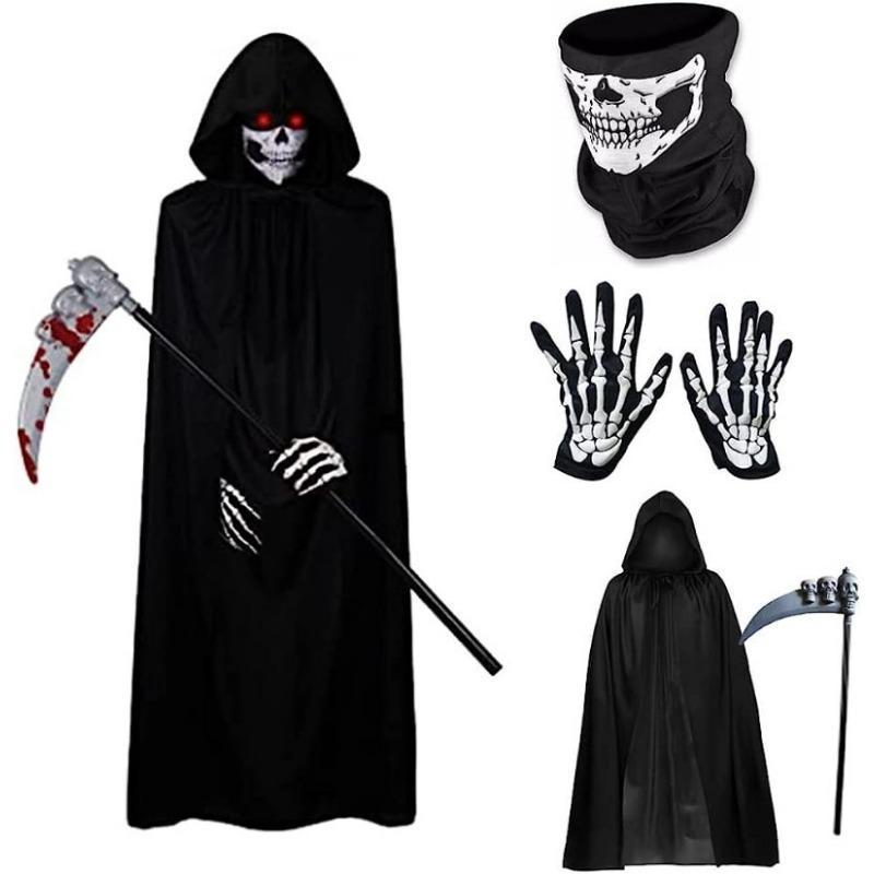 Halloween Grim Reaper Cape Set, 1 Set Including Cape & Gloves & Scepter & Hood, Cosplay Costume Accessories for Halloween Party