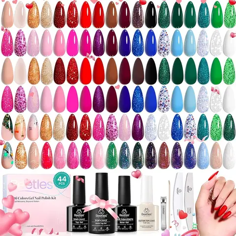 Beetles Women's 44Pcs Complete Nail Care Kit - Classic Assorted Shades Low Odor Glitter Gloss Gel Nail Polish Set, 36 Soak-Off UV Gels, Base & Top Coat, Manicure Wipe, Daily/Christmas Palette Gift Box (Red, Gold, Green, Silver, Burgundy, Blue, Pink)