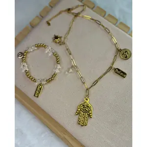 Fatima Hand and Believe Necklace with Pendant, Beaded Design, and Chain