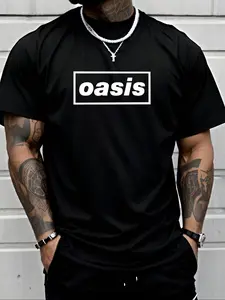 Men's Oasis Band Print Round Neck Tee, Regular Fit Casual Short Sleeve Crew Neck T-Shirt for Daily Wear, Men's Top for All Seasons
