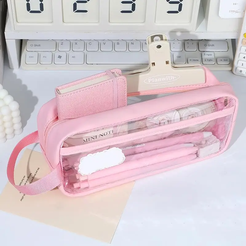 Large Capacity Pencil Case, 1 Count Clear Portable Stationery Storage Bag With Handle For Student Office