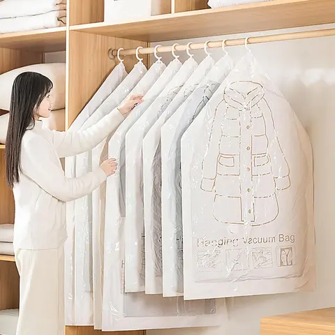 7-Pack Large Hanging Vacuum Storage Bags, Airtight Seal 5-Layer PA+PE, Wrinkle-Free Hang Closet Organizer, Vacuum to 53x27.6, 5 Coats Per Bag, 15 lbs Capacity, Move-Ready Clothing Storage Solution