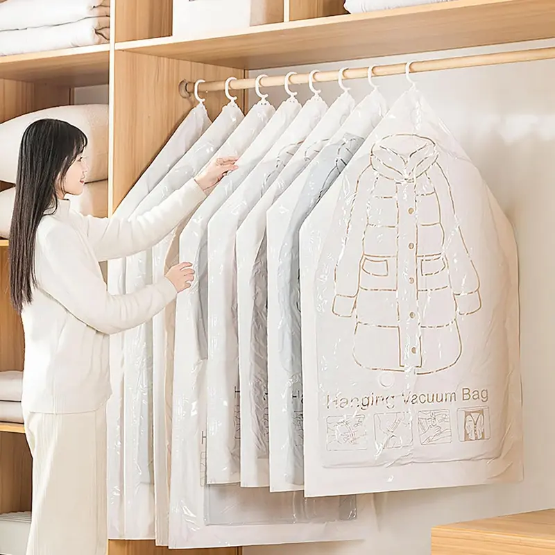 7-Pack Large Hanging Vacuum Storage Bags, Airtight Seal 5-Layer PA+PE, Wrinkle-Free Hang Closet Organizer, Vacuum to 53x27.6, 5 Coats Per Bag, 15 lbs Capacity, Move-Ready Clothing Storage Solution