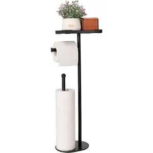Free Standing Toilet Paper Holder Stand with Phone Shelf, Holds 5 Paper Rolls, Black Tissue Roll Holder for Bathroom, Sturdy Engough for Potted