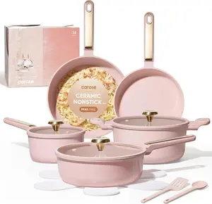 Ceramic Cookware Set Nonstick, 14pcs Pots and Pans Set Nonstick, Non-Toxic & PFAS-Free, Dishwasher, RV/Camping Cookware Set, Cooking Pots with Lids, Pink Blush