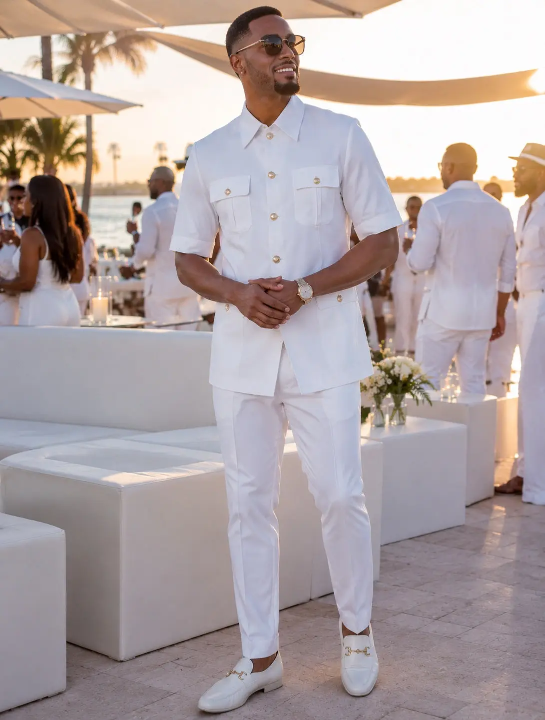 Men's White Party Outfit Matching Stretch Cotton Top & Pants 2-Piece Set for Wedding Guest Birthday Photoshoot Graduation Church Anniversary