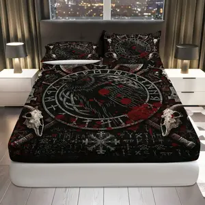 3Pcs Gothic Zodiac Viking Fitted sheet Three Piece Set (1*Fitted Sheet+2*Pillowcases, Coreless), Halloween theme, Skull Rune Bedding Set, Mattress protector Soft, Breathable