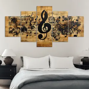 5 Counts Unframed Canvas Poster, Music Notes Treble Clef Wooden Texture, Exquisite Poster, Perfect Living Room Decoration, Modern Art, Fashion Family Poster, Wall Art Decoration, Odorless, Waterproof, Artwork, Modern Art Design