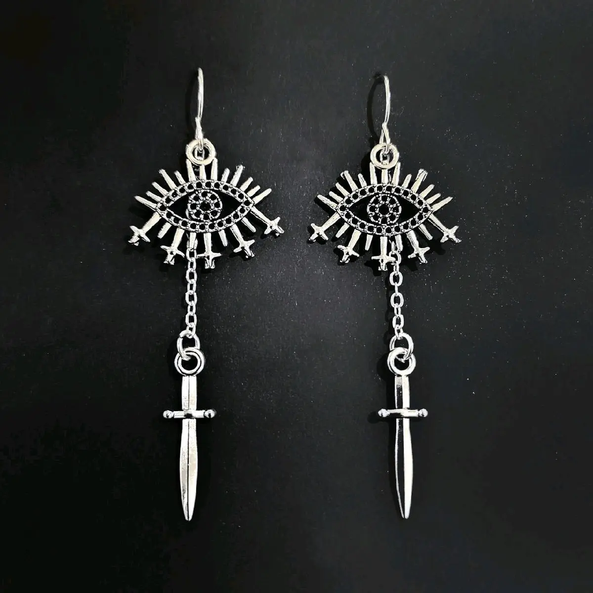 Silver Evil Eye Dagger Drop Ear Hugger Earrings