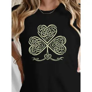 Women's Celtic Knot & Shamrock Print T-Shirt - Celtic Knotwork Short Sleeve Crew Neck Top, Irish Cultural Apparel for Day, Casual Spring & Summer Blouse