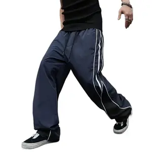 Men's Plain Straight Loose Waistband Pants - Structural Splice Line Detail, Drawstring Waist, Breezy Wide Frame, Polished Straightedge, Travel-Friendly Versatile Casual Long Bottoms for Commute, Loose Men's Pants, Travel-Friendly Men's Pants
