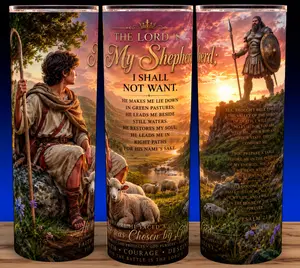 David and Goliath Psalms 23 - The Lord Is My Shepherd -  Jesus God Religious Bible Verse Cup Mug Tumbler 20oz with Lid & Straw, Stainless Steel, Lightweight Design for Hydration - Reusable, Stylish