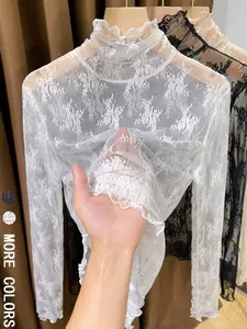 Women's Lightweight High Neck Lace Long Sleeve Ruffle Base Layer Top, Elegant Summer Fashion, Comfortable and Stylish Women's Clothing