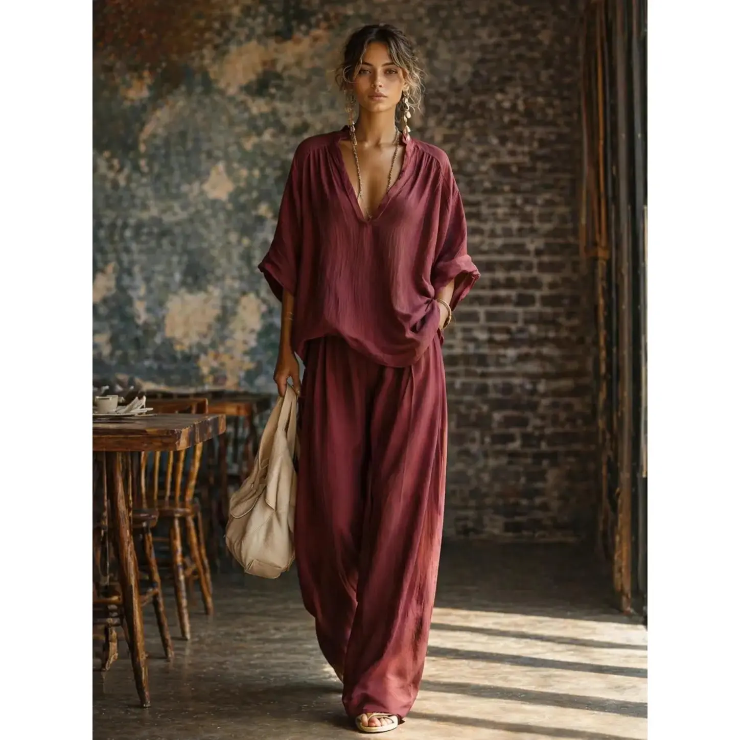 2 Piece Sets Women Summer Outfit 2026 – V Neck Loose Top & Wide Leg Pants, Casual Lounge Set, Linen Comfy Travel Outfit, Vacation Beach Set, Plus Size, stylish design..