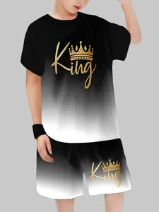 Street Style Kids' Clothing Set, Round Neck Set, Gradient Crown Design, Summer Casual Wear for Boys, Trendy Crop Top, Shorts