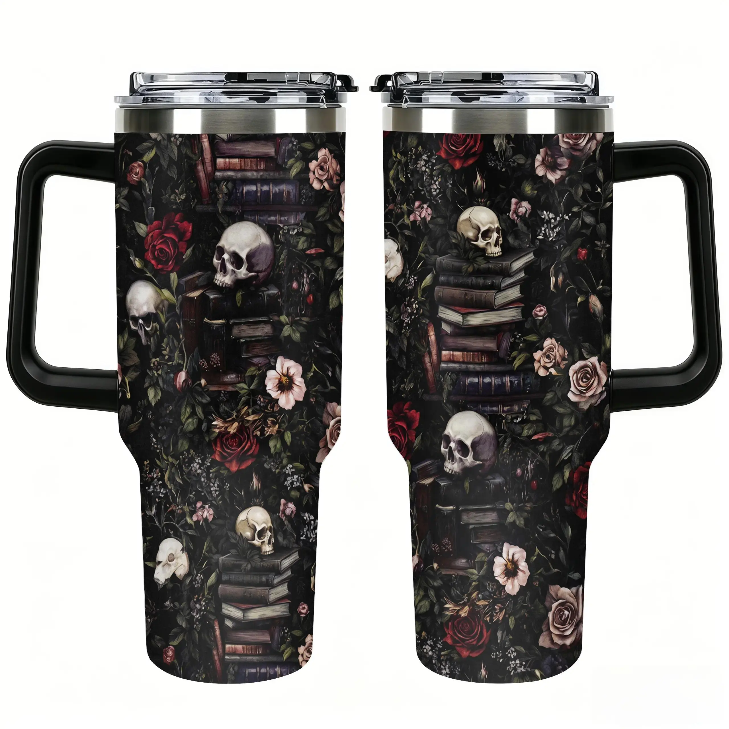 40oz Sturdy Engraved Dark Academia Floral Skeleton Vacuum Flask, Witchy Bookish Travel Drink Tumbler for Coffee
