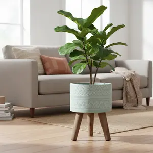 SAGE 13.7" Tribal Fiberglass Planter, Round Design with Natural Wooden Legs