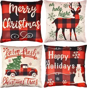 4 PCS Christmas Plaid Pillow Covers18 Inches , Soft Cotton & Polyester Red Buffalo Plaid Pillow Covers, Home Indoor Christmas Decorations Props Xmas Gifts