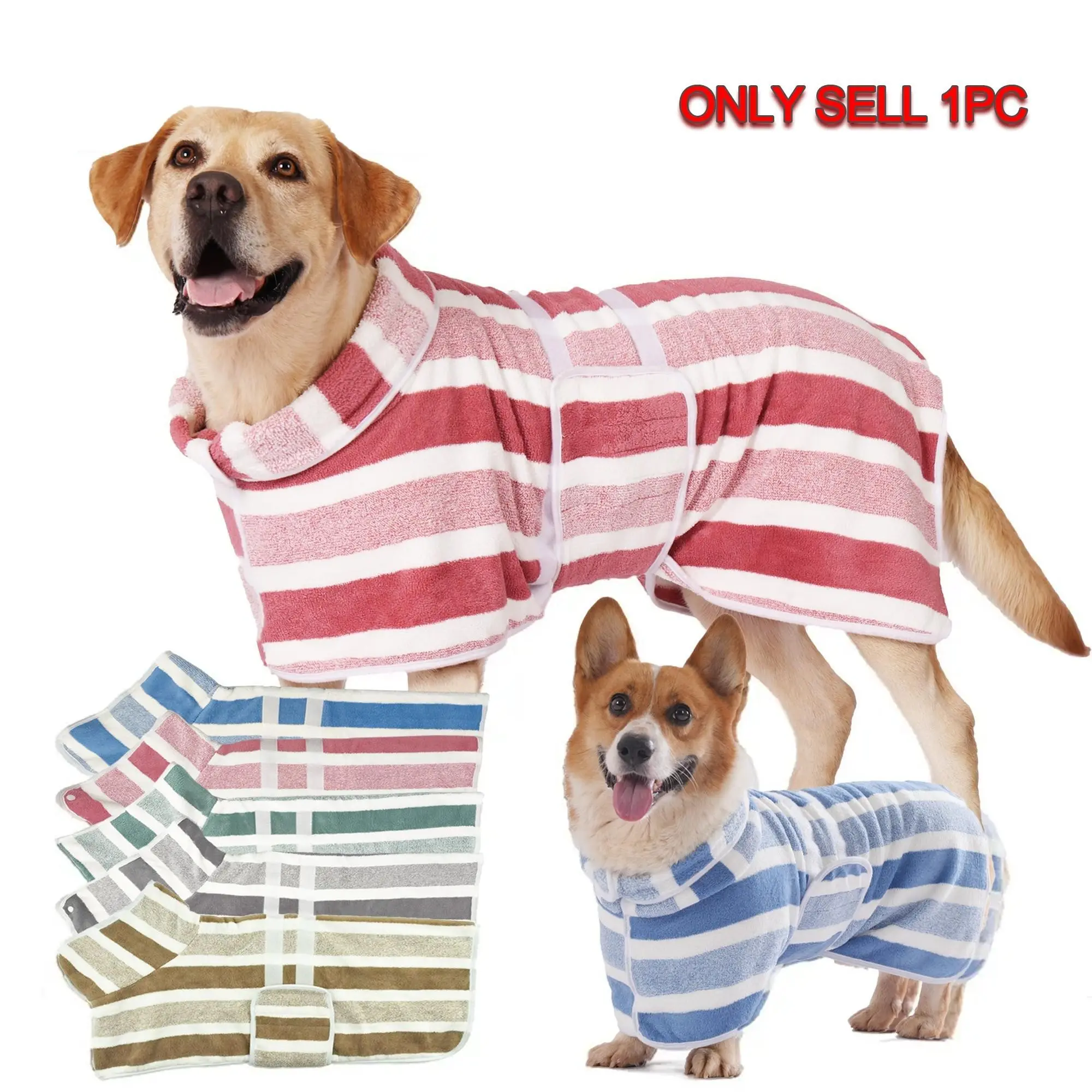 Quick-Dry Clean Dog Bathrobe, Striped Pet Robe with Adjustable Waistband, Super Absorbent Fabric, Ultra-Soft Material, Ideal for Dogs