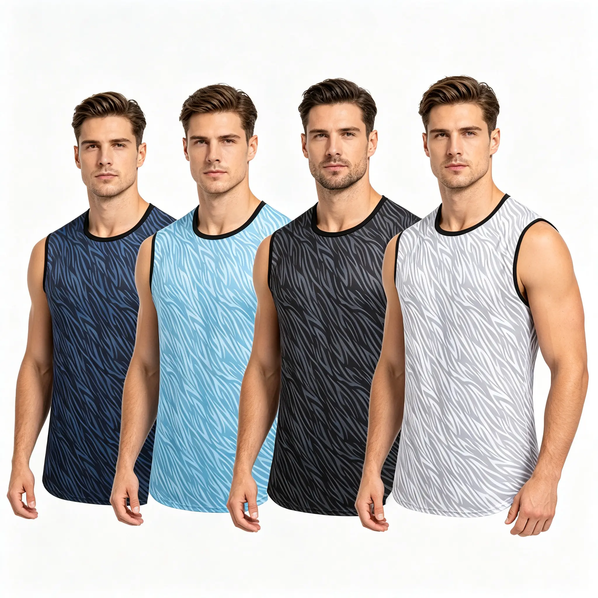 Men's 4-Pack Zebra Print Quick-Dry Sleeveless Athletic Tank Tops - Moisture-Wicking, Breathable, Lightweight Stretch Sport Vests with Black Contrast Trim for Running, Gym, Summer Casual