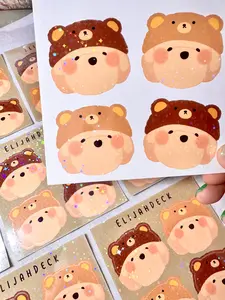 Bear Hat Line Friends Hat Sticker, Cute Sticker, Fun Sticker, Planner sticker, Decorate Sticker | Glitter laminated Sticker