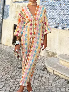 Women's All Over Print V Neck Dress, Elegant Casual Boho Style Bohemian Bishop Sleeve Dress for Spring & Fall, Women's Clothing for Daily Wear, Casual Everyday Wear