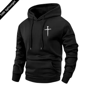 Men's minimalist cross and sword print hooded sweatshirt, men's lightweight and comfortable black casual hoodie for spring and autumn, a perfect gift for husbands or boyfriends, suitable for outdoor activities, running, jogging, and camping.