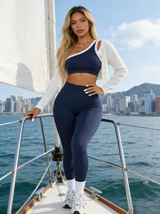 Women's Colorblock Off-Shoulder Vest and High Waist Butt Lifting Tight Pants Set, Comfortable Fitness Sportswear, Casual Yoga Pants, Athleisure Wear Set