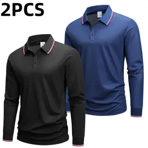 Two-tone men’s long-sleeve polo shirt with a notched collar, featuring a classic notch paired with red and white thin piping for refined details. Front button embellishments add a clean finish, while the long sleeves are designed for versatile wear across
