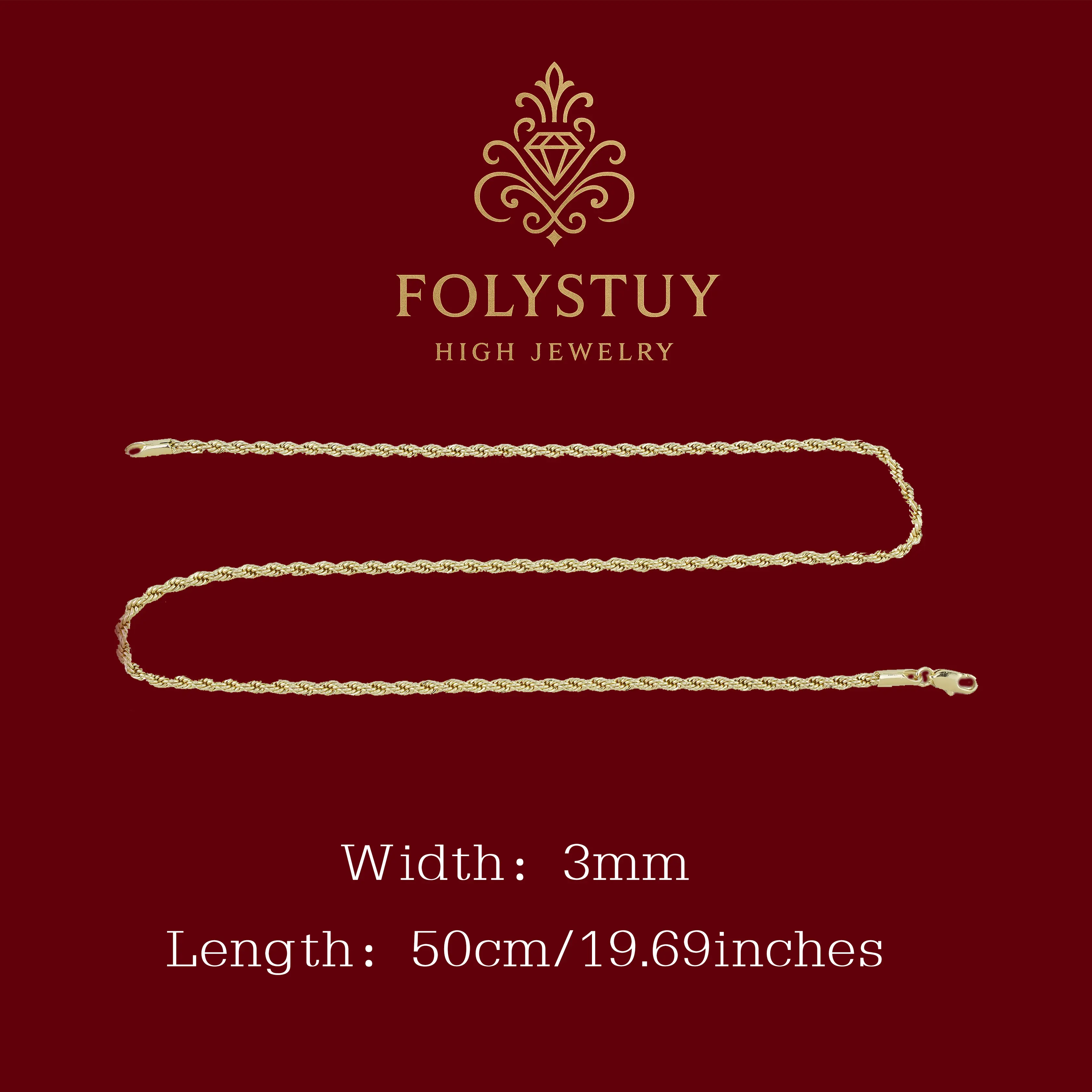 19.69 inches long [FOLYSTUY (Y150)] 14k color twisted necklace, 3mm wide, with lobster clasp