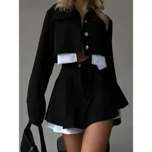 Women’s Fall New Solid Color High-Waist Patchwork Crop Top Set, Casual Fashion Two-Piece, Ladies’ Clothing for Autumn