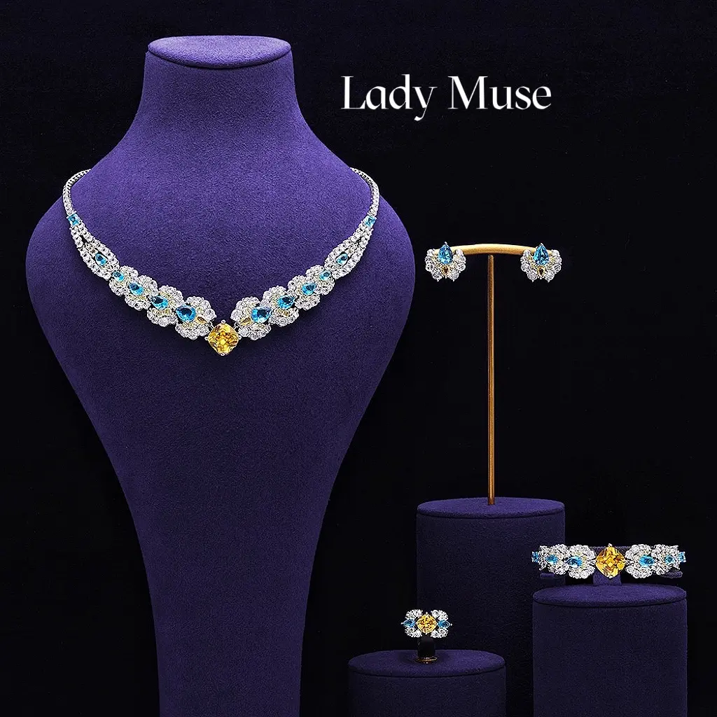 925 Silver Lab-Created ECO Diamond Blue and Yellow Color Block Four-Piece Set (Necklace, Earrings, Ring, Bracelet)