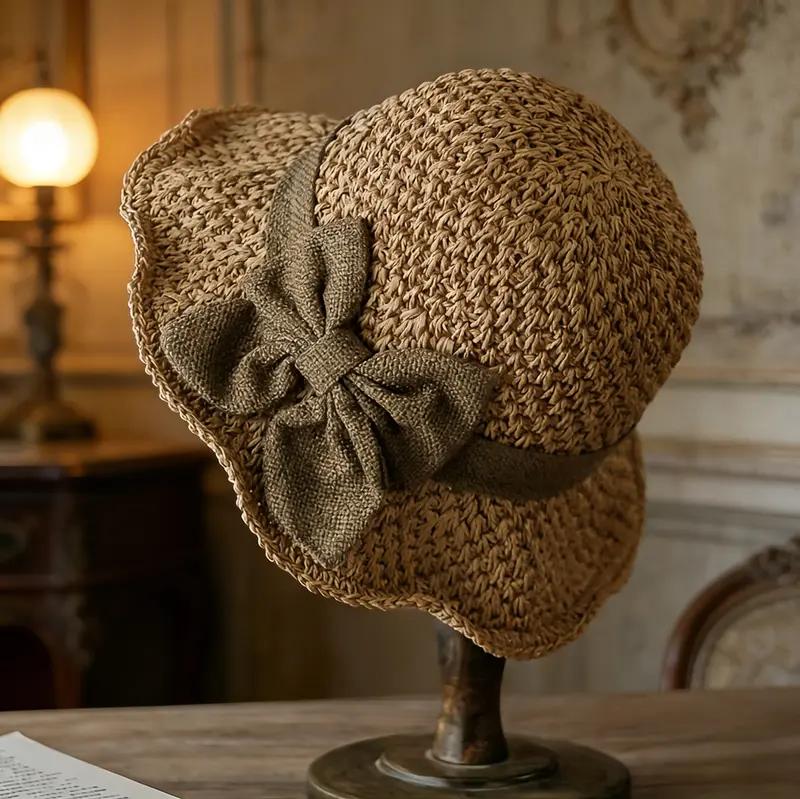 Versatile retro woven handmade straw hat with ruffled bow, elegant French sun hat, foldable, breathable travel beach hat.
