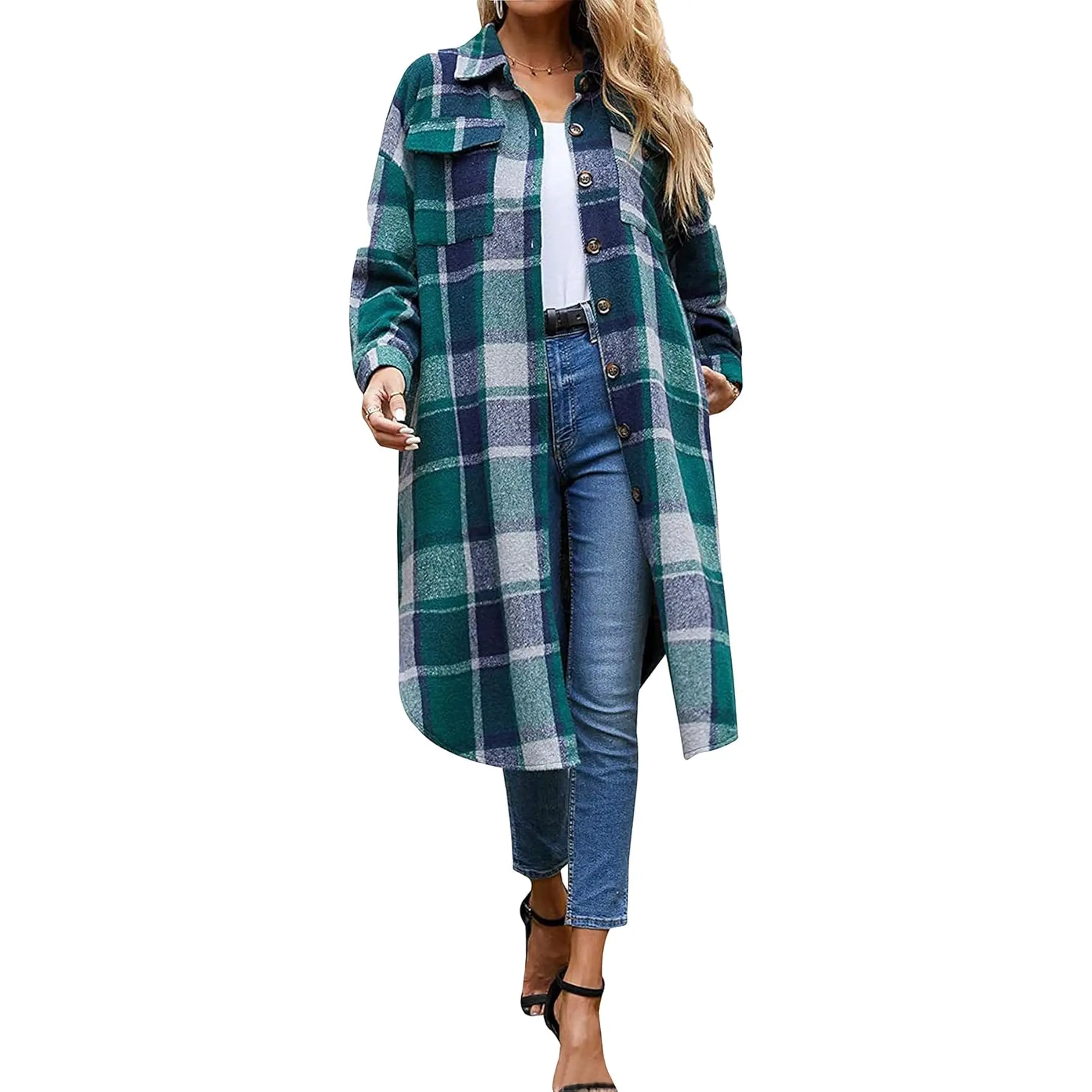 Ainangua Women'S Casual Wool Blend Long Plaid Shirt Jacket Button down Pocketed Shirt Shacket