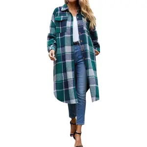 Ainangua Women'S Casual Wool Blend Long Plaid Shirt Jacket Button down Pocketed Shirt Shacket