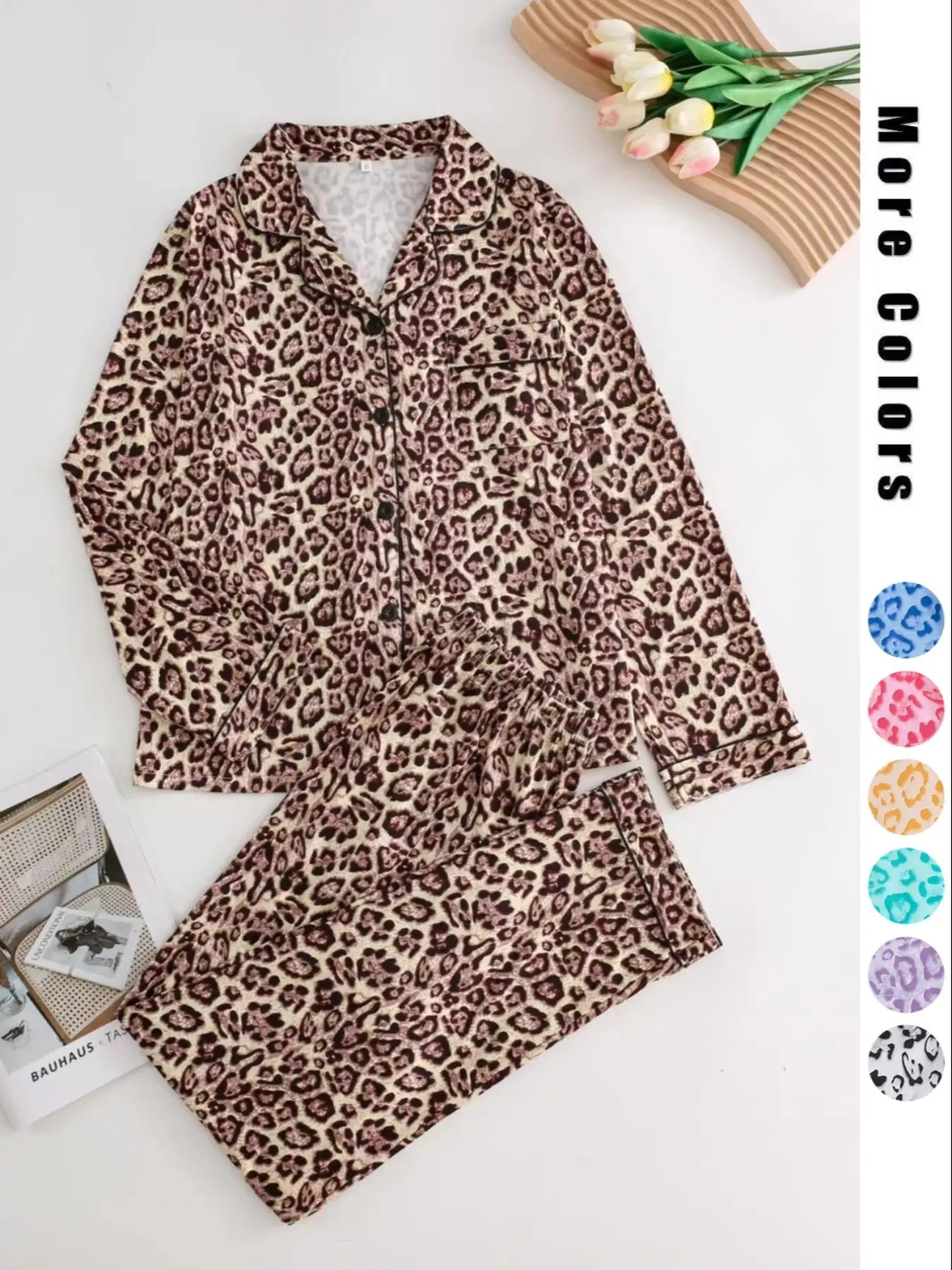 Women's Leopard Print Button Front Pocket Lapel Shirt & Elastic Waist Pants Pyjama Two-piece Set, Casual Comfy Pocket Long Sleeve Top & Trousers Pj Se