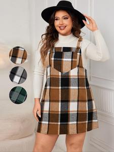 plus size women's plaid pinafore dress without top, casual fitted style for fall & winter, comfortable knit fabric for everyday wear