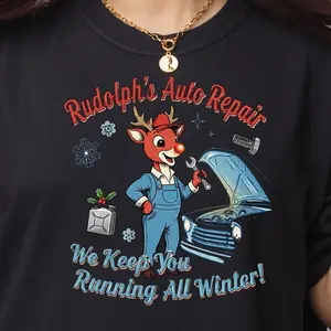 Retro Christmas Mechanic Tee - Rudolph's Auto Repair Print, Nostalgic Holiday Vibe