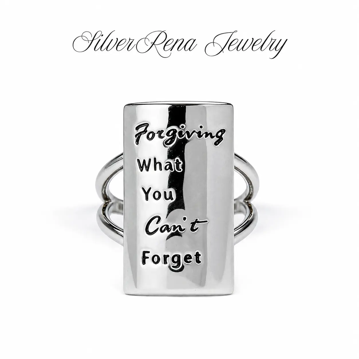 S925 Sterling Silver Split Shank Adjustable Bar Quote Ring Engraved Forgiving What You Can't Forget Inspirational Self Love Statement Band Hypoallergenic Motivational Jewelry Anniversary Valentine Gift For Her Women Survivor