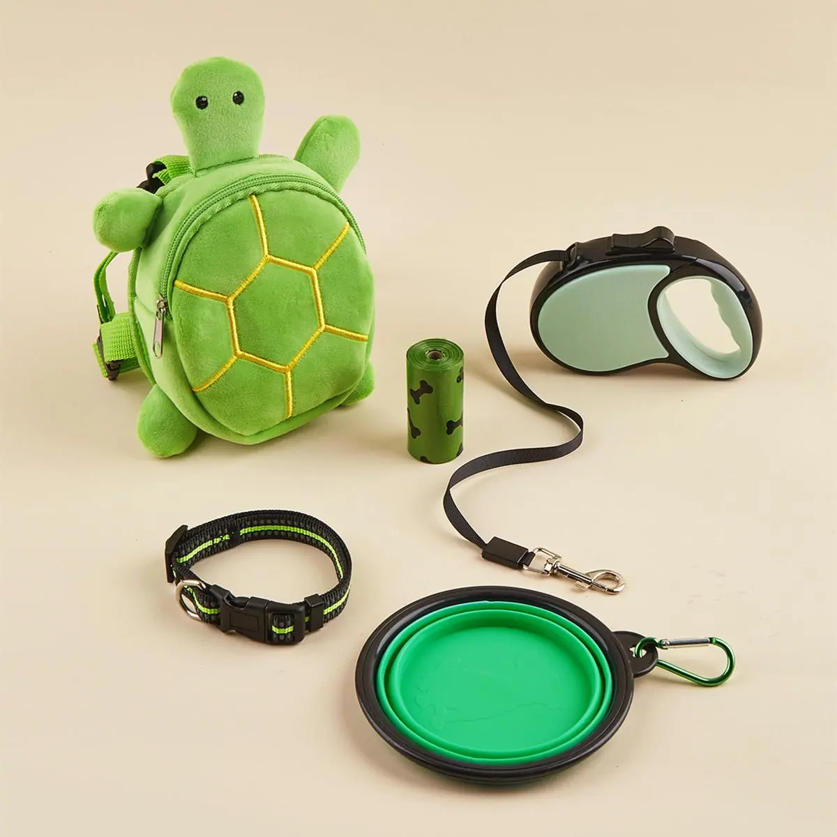 Pet Outdoor Kit, 1 Count Turtle-shaped Backpack & 1 Count 3m Retractable Leash & 1 Count 350ml Folding Bowl & 1 Count Reflective Collar & 1 Roll Waste Bag, No Tangle Leash, Leash Included