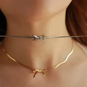 Simple Bow Design Necklace Bow Tie Serpentine Chain Chain Necklace Women's Jewelry