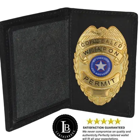 Genuine Leather Black Bifold Police ID Badge Holder, Rare Style Badge Protector