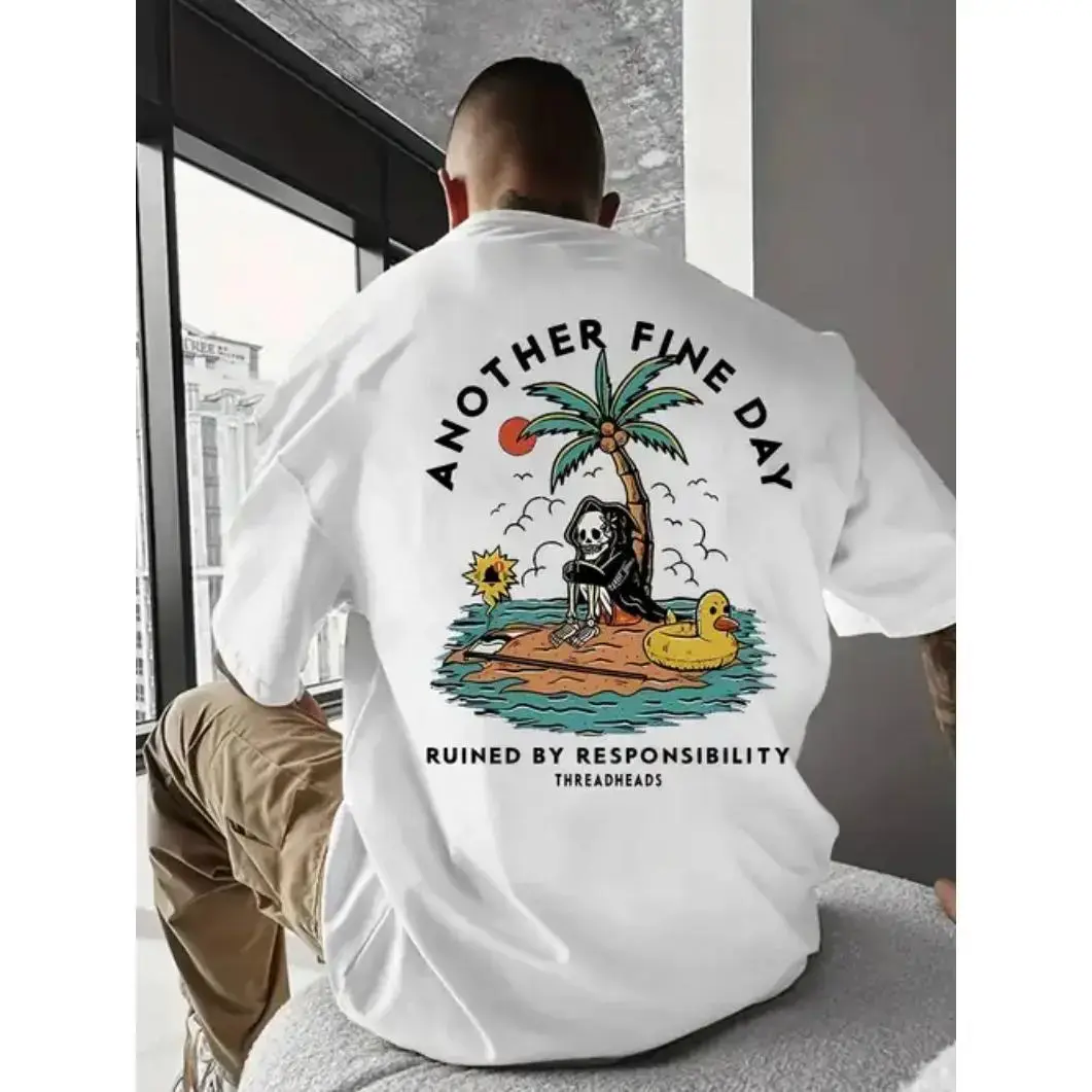 Men's Oversized Graphic T-shirt in Soft Cotton, Casual Streetwear with a Round Neck and Back Print, M, Crewneck Tee, Oversized Cut, Tops, Menswear, Check Size Chart, Loose, None, Multi-Size