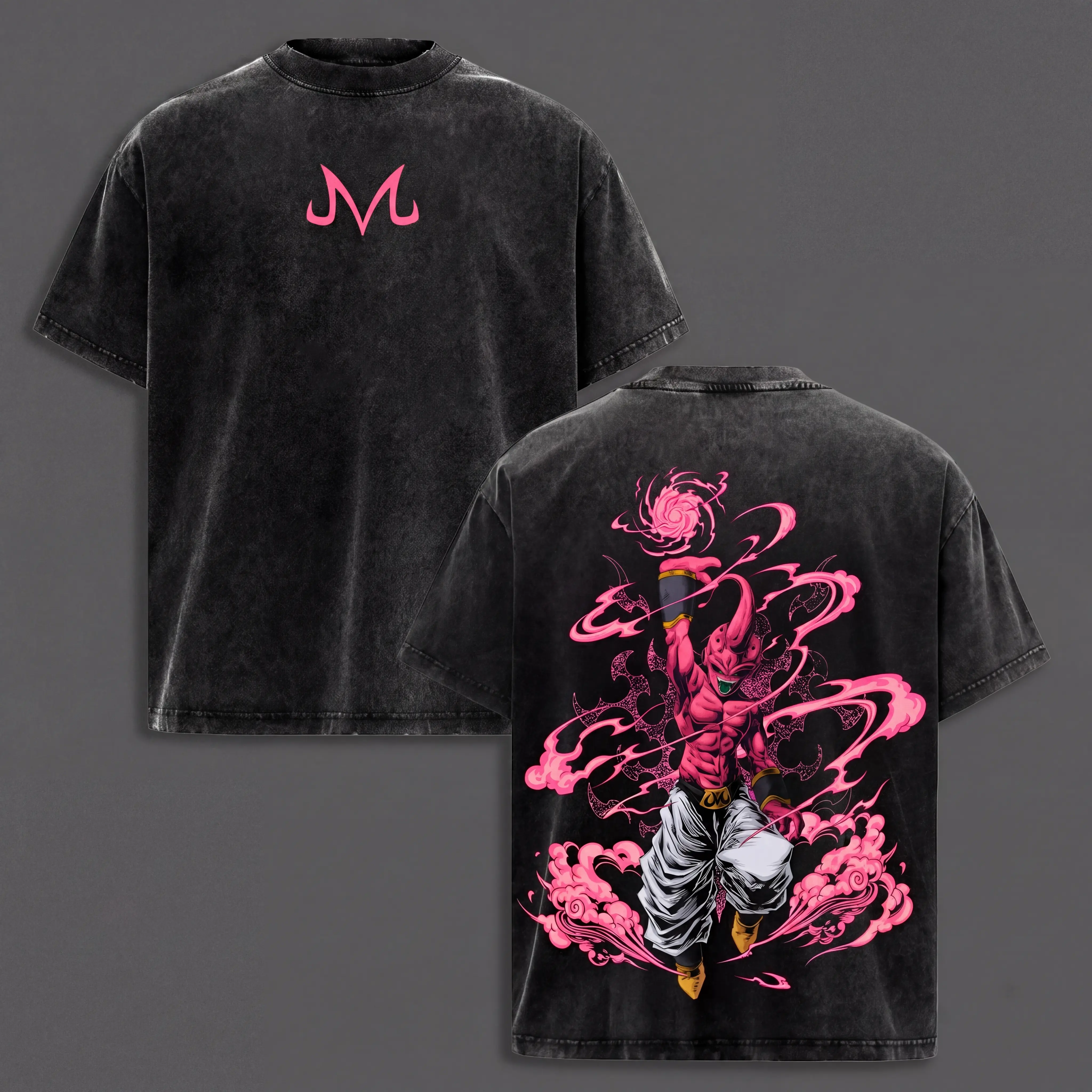 Men's Acid-Washed Cotton Short-Sleeve "Evil Buu" DBZ Graphic Print T-Shirt - Streetwear Unisex Retro Oversize Tee, Pre-Washed Soft Baggy Ribbed Fabric, Round Neck, Reinforced Seams, Vintage Anime Manga Fan Merch Menswear Apparel, Shortsleeve