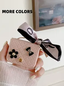 Square Earphone Bag Keychain, Mini Leather Wallet, All over Print, Casual Style, Women's Accessory, Organizer Pouch, Floral Design, Wallet And Charm