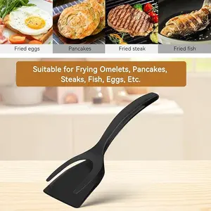 2 in 1 Grip and Flip Spatula Tongs Egg Flipper Tong Fried Egg Double Spatula, Non-Stick Food Clip Egg Turner Pancake Fish French Toast Omelet Making for Home Kitchen Cooking Tool (Black), large