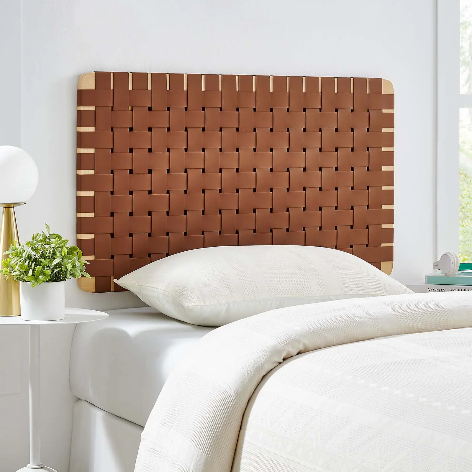 Modway Sparta Weave Wall-Mount Twin Faux Leather Headboard, Natural Brown